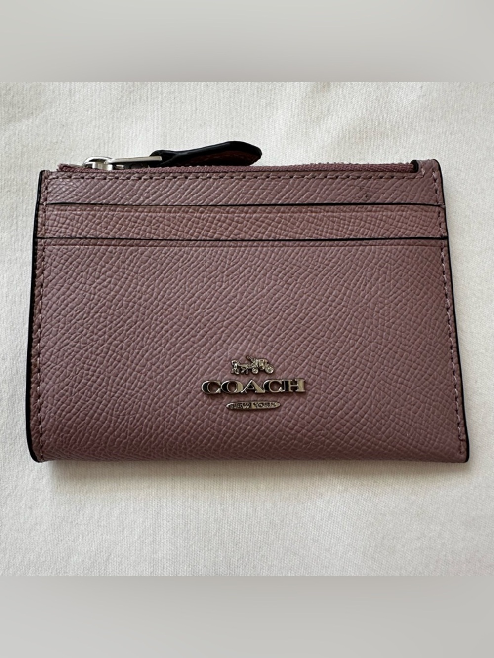 COACH Mini Skinny ID Card Case Mauve Pebbled Leather Zip Coin Purse Wallet
